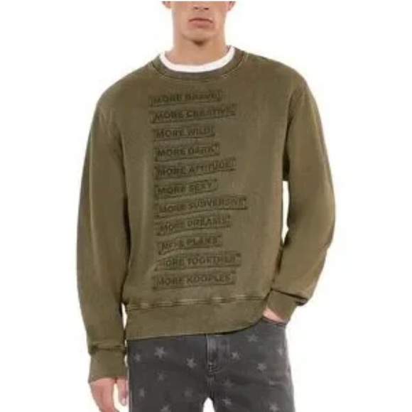The Kooples Olive Green Crewneck Sweatshirt w/printed Patchwork Detail Large NWT - Picture 1 of 10